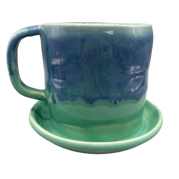 Studio Art Pottery Large Cup with Saucer Planter Green Blue Handled - Picture 1 of 11